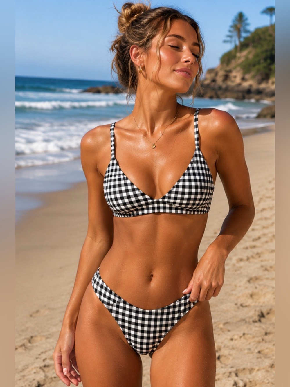 ELE Swims Leah Top Sarah Bottom Black White Gingham Bikini Set Size Large EUC